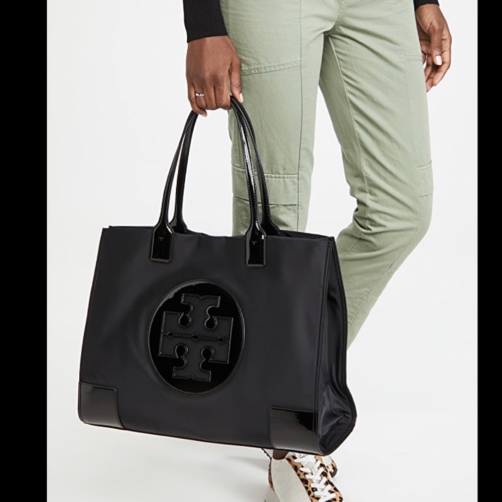 Tory Burch Ella patent- trimmed nylon black tote